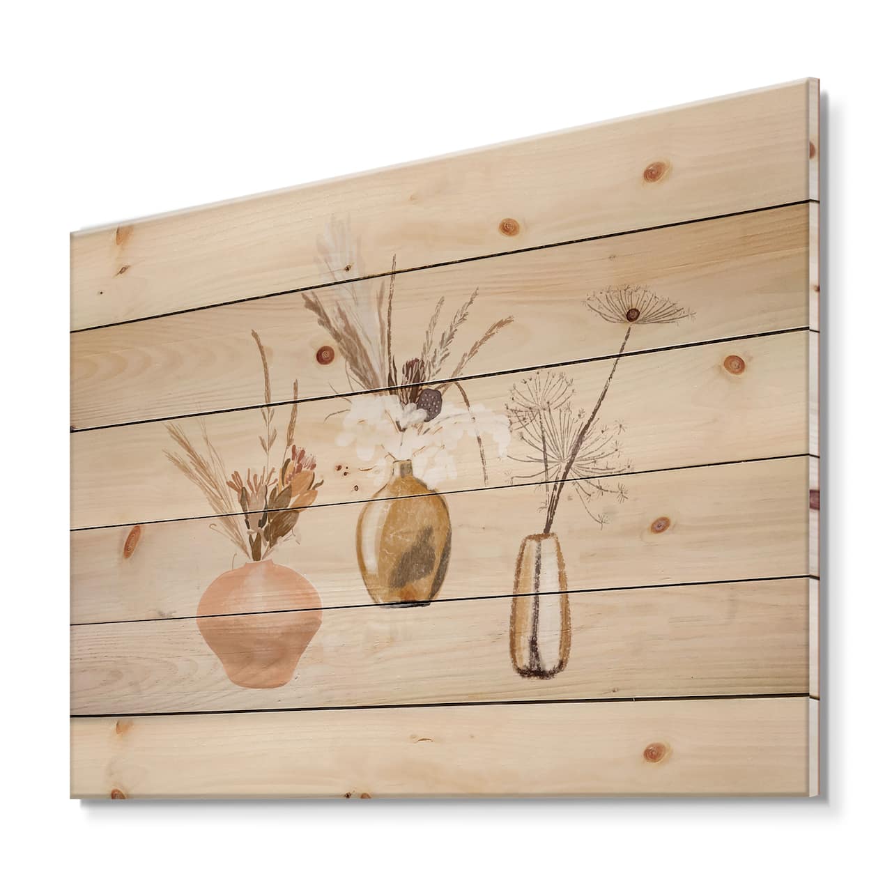 Designart - Bouquets Of Wildflowers In Gold Vases I - Traditional Print on Natural Pine Wood